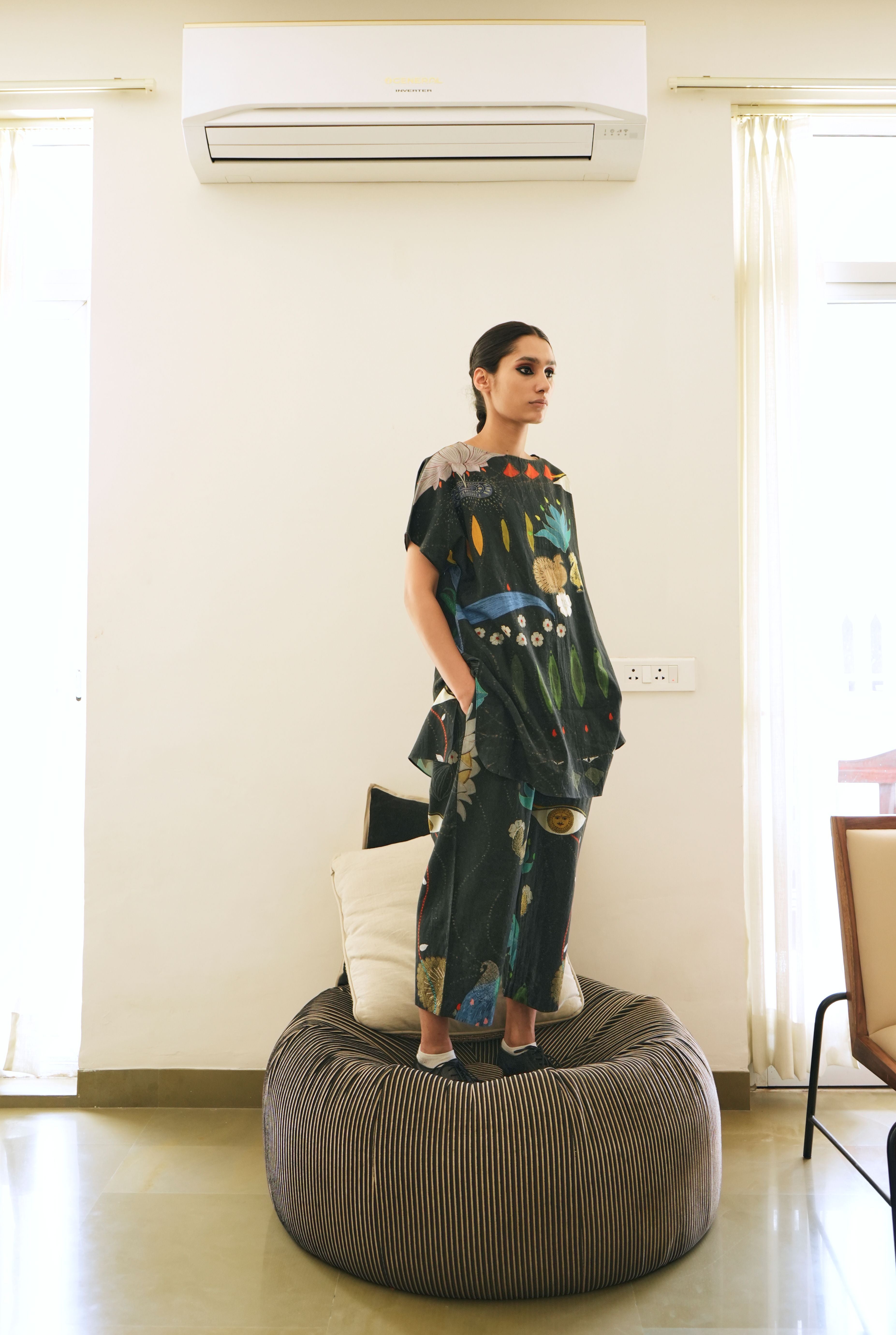 KHADI COTTON GARDEN CO-ORD SET IN CHETTI BLACK PRINT