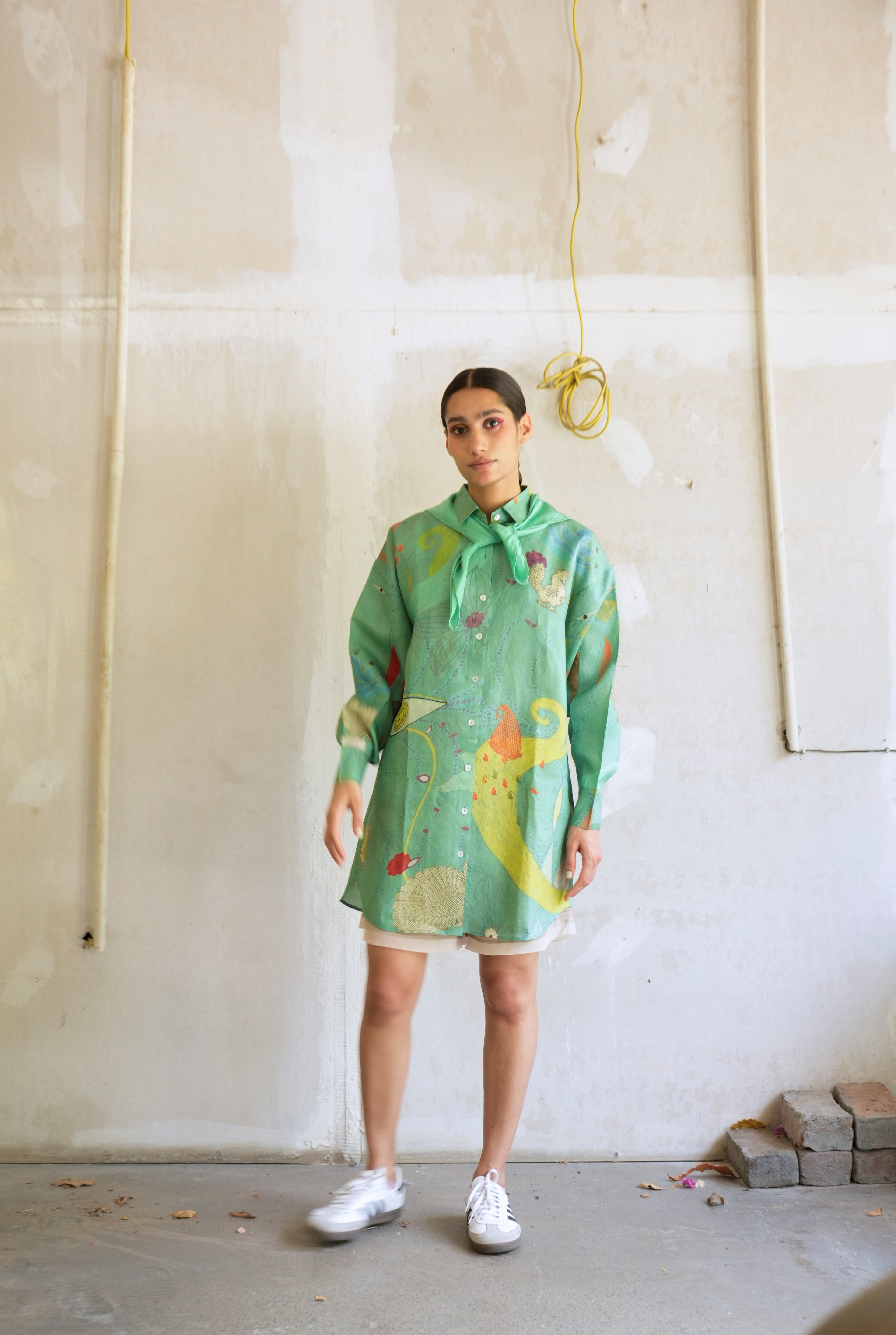 OVERSIZED TASSAR SHIRT IN CHETTI GREEN PRINT