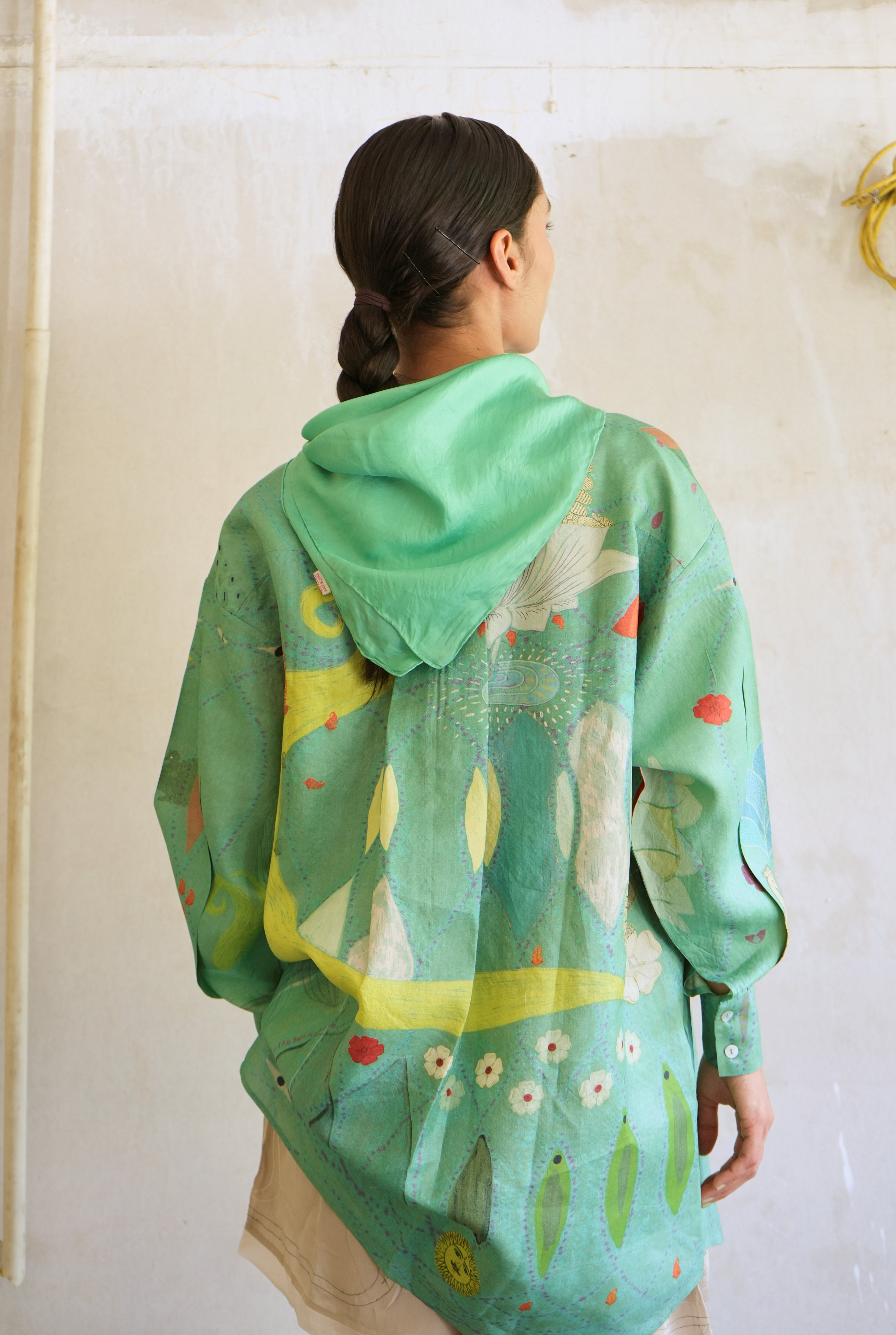 OVERSIZED TASSAR SHIRT IN CHETTI GREEN PRINT