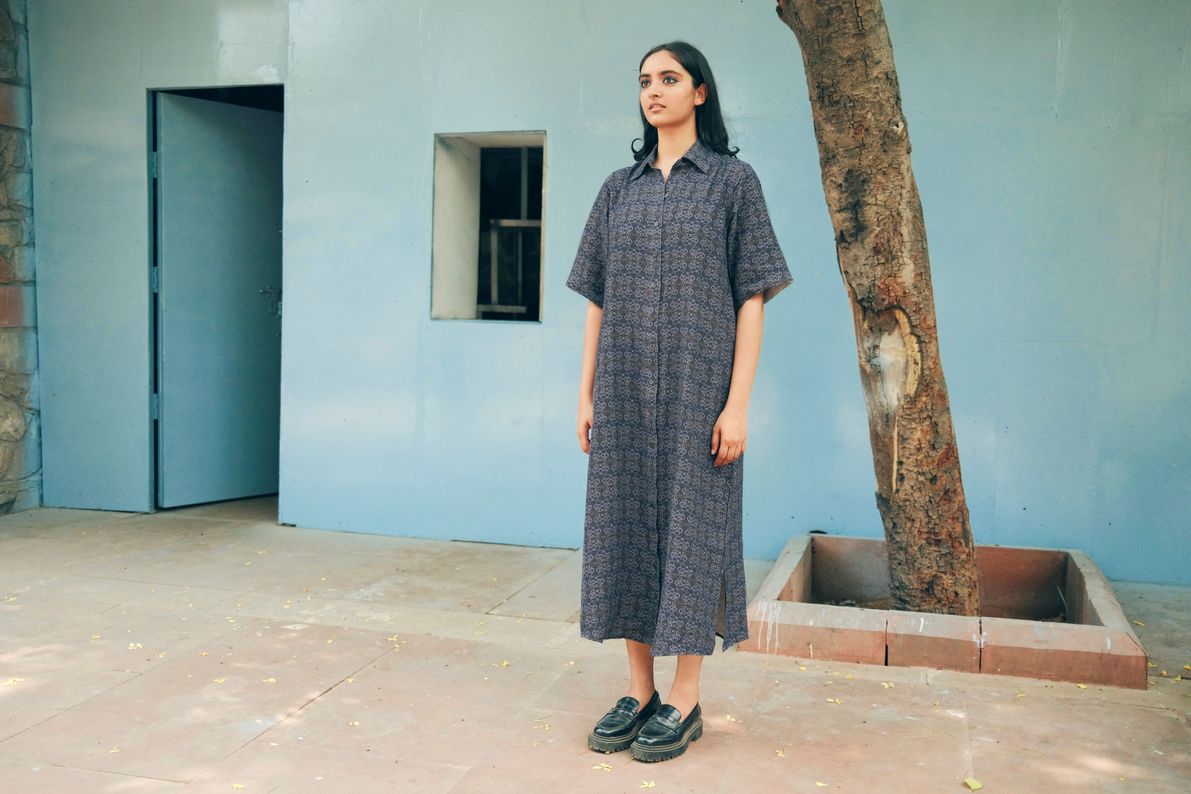 SHIRT DRESS IN AC JAAL NAVY PRINT