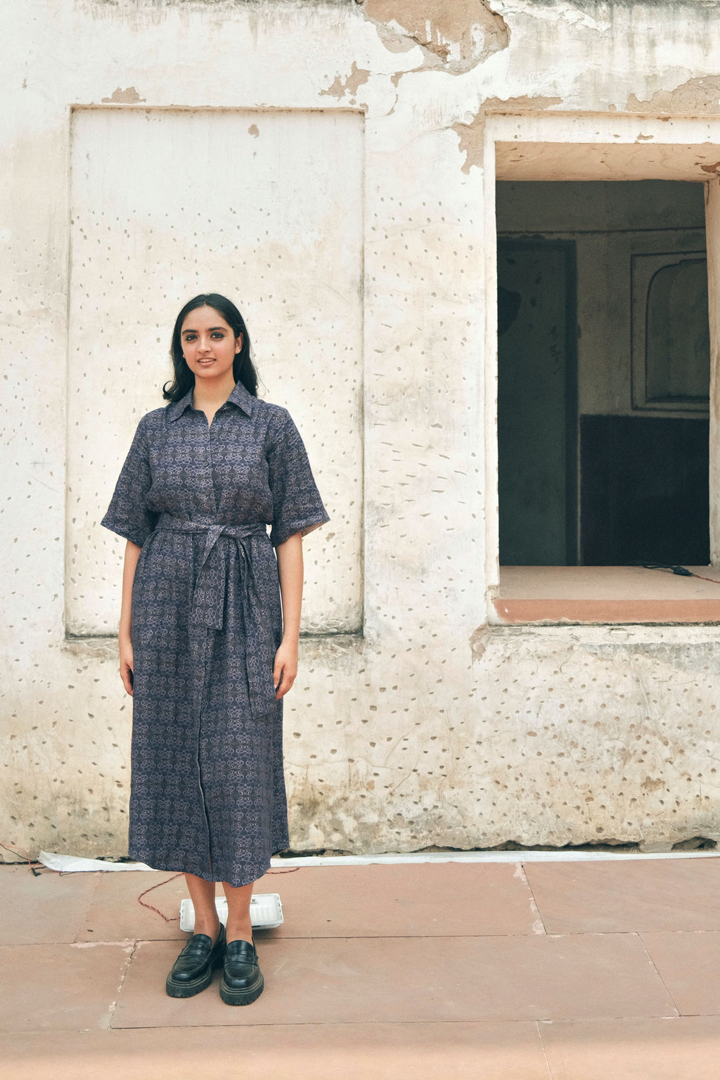 SHIRT DRESS IN AC JAAL NAVY PRINT