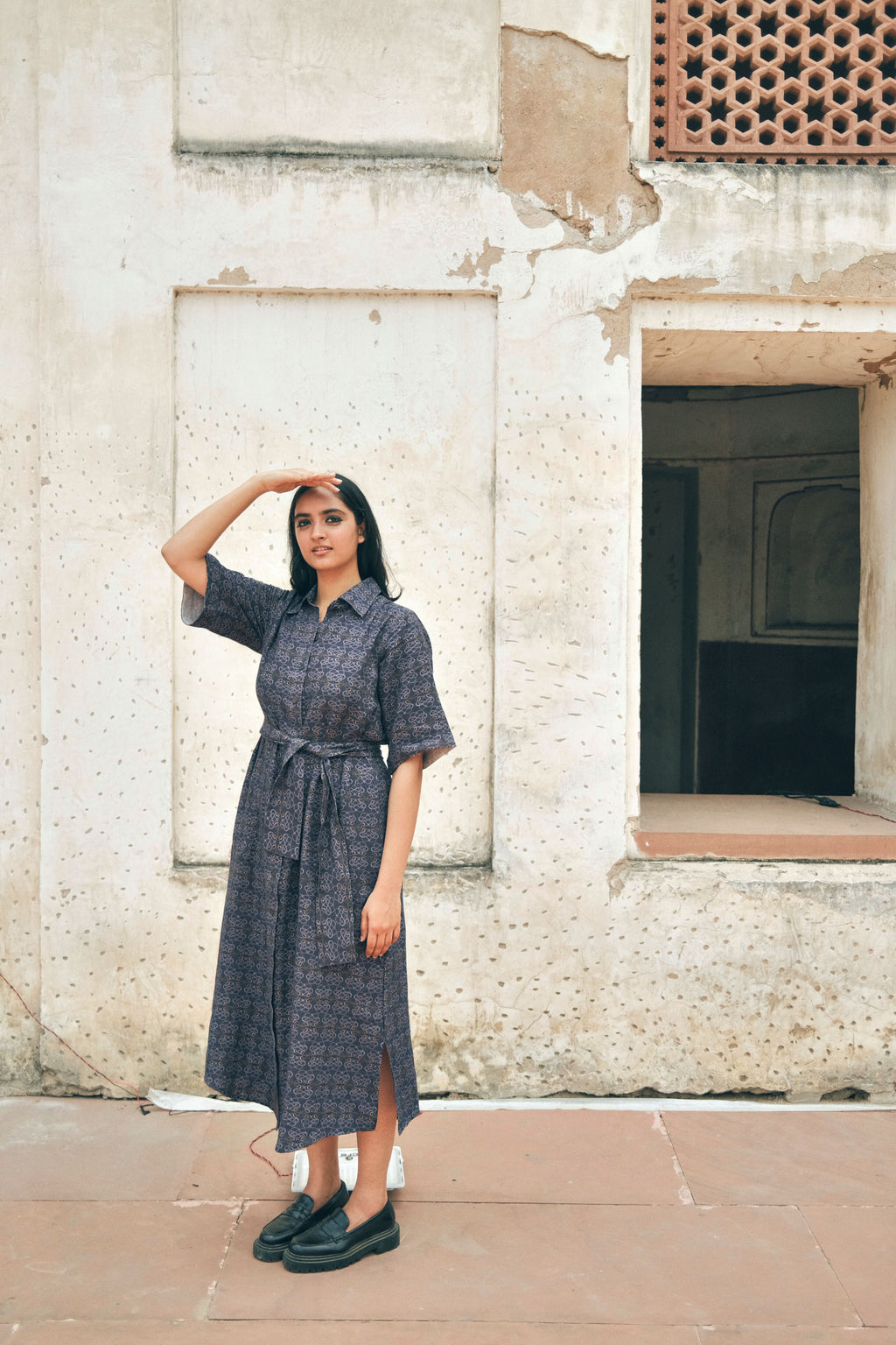 SHIRT DRESS IN AC JAAL NAVY PRINT
