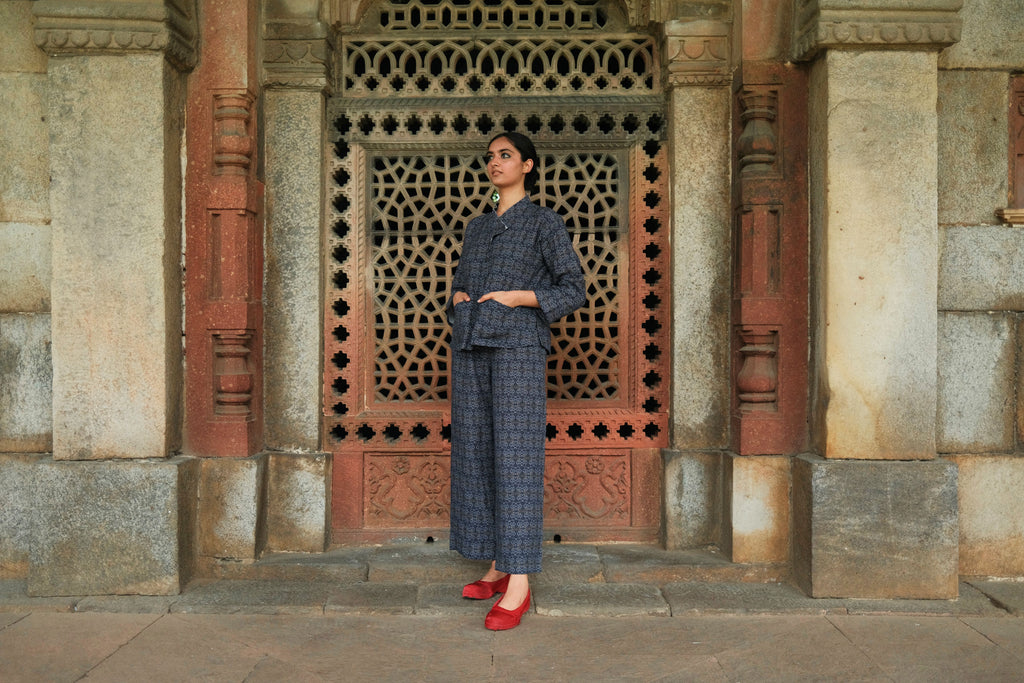 MONK SHACKET AND JILL PANTS IN AC JAAL NAVY PRINT