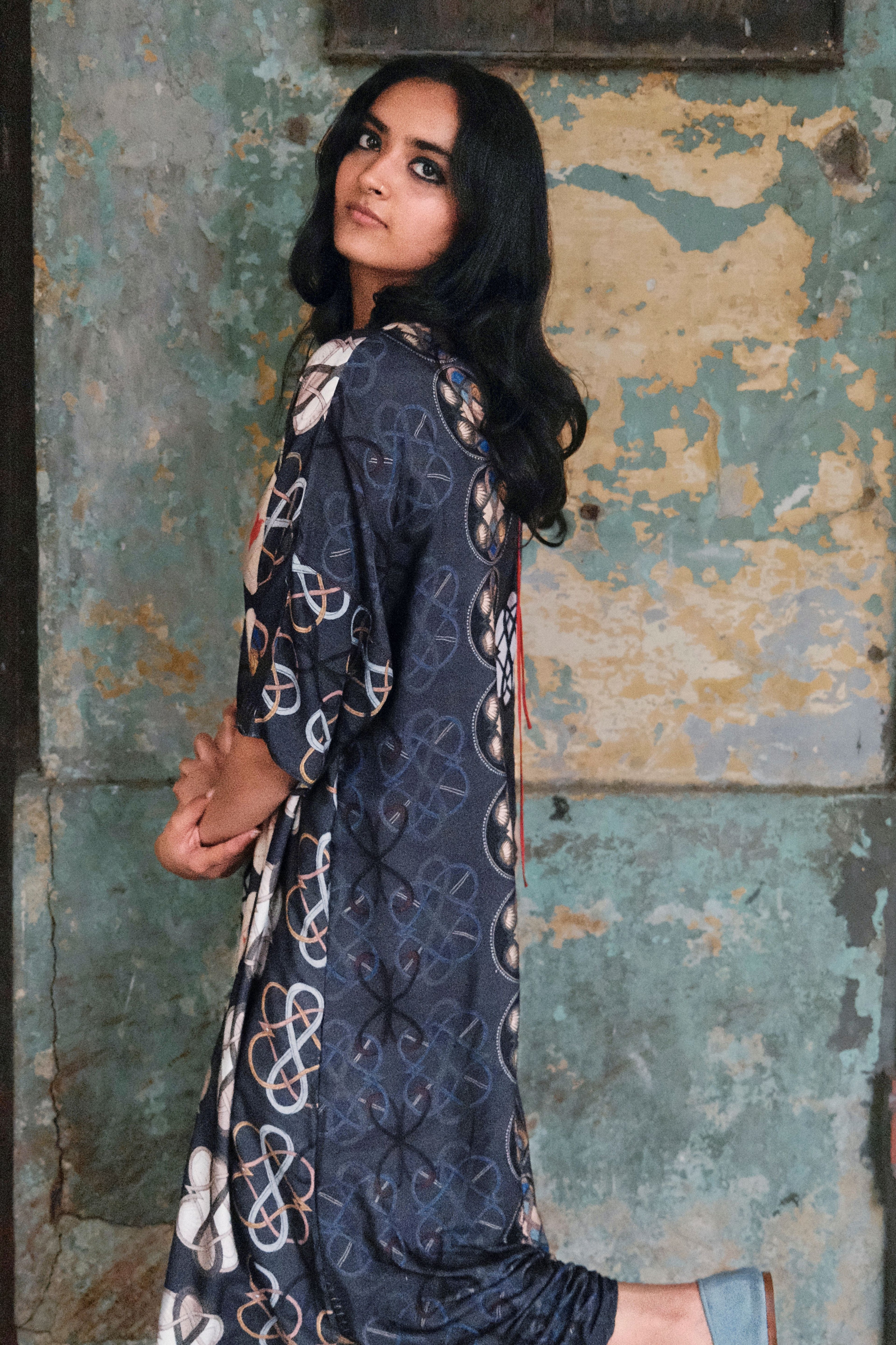 KAFTAAN DRESS IN AC NAVY PRINT