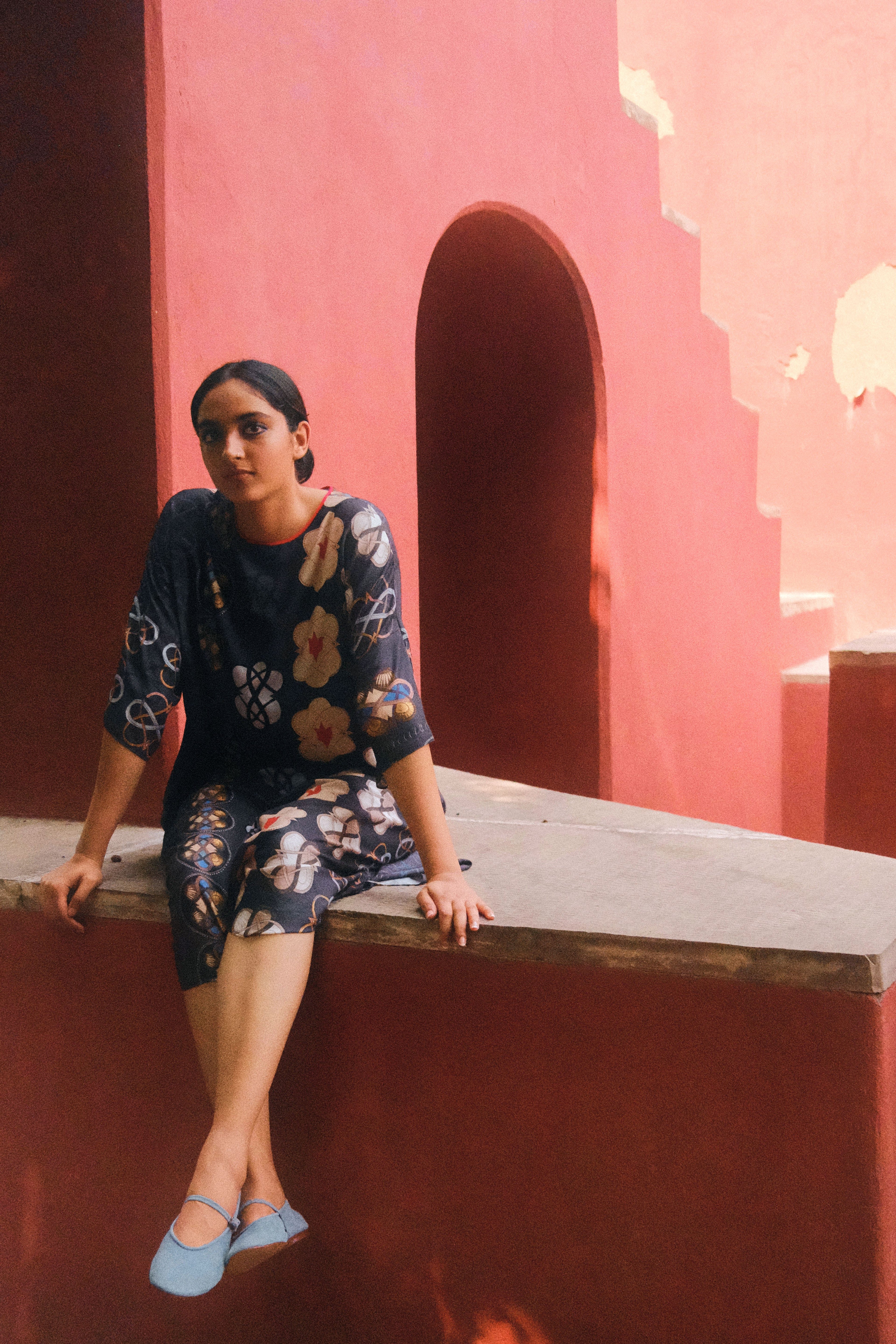 KAFTAAN DRESS IN AC NAVY PRINT