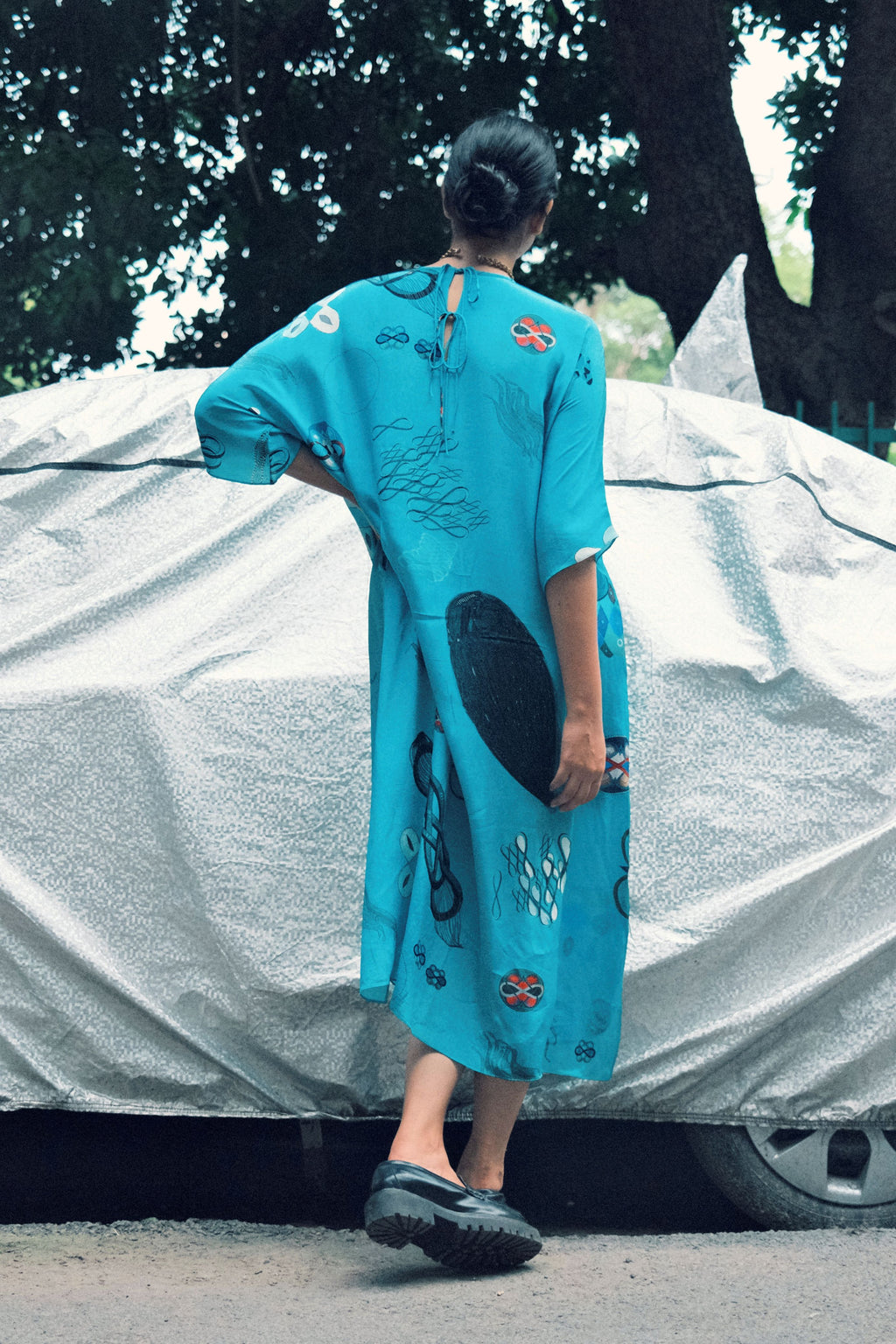 KAFTAAN DRESS IN TURQ FLOAT PRINT