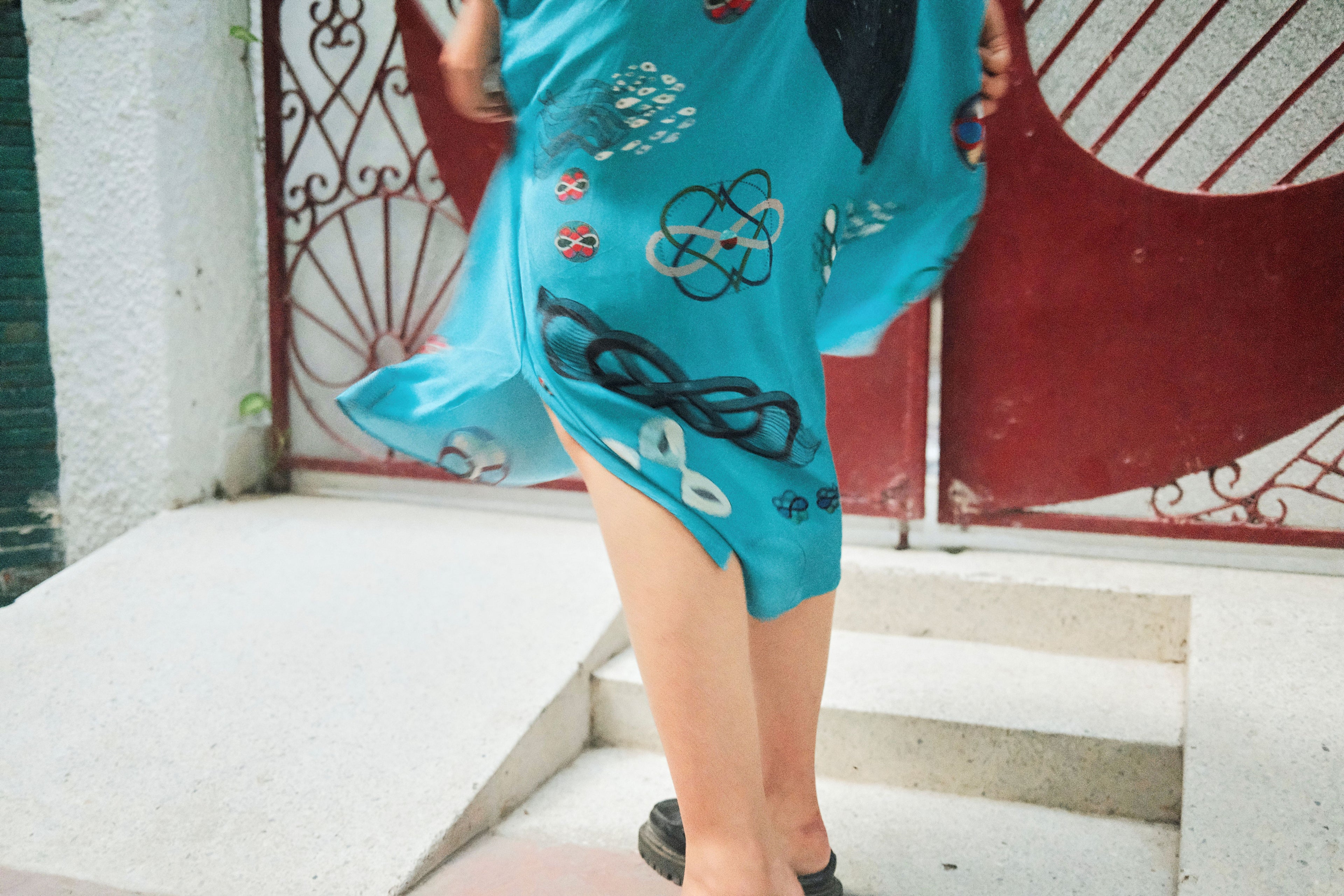 KAFTAAN DRESS IN TURQ FLOAT PRINT