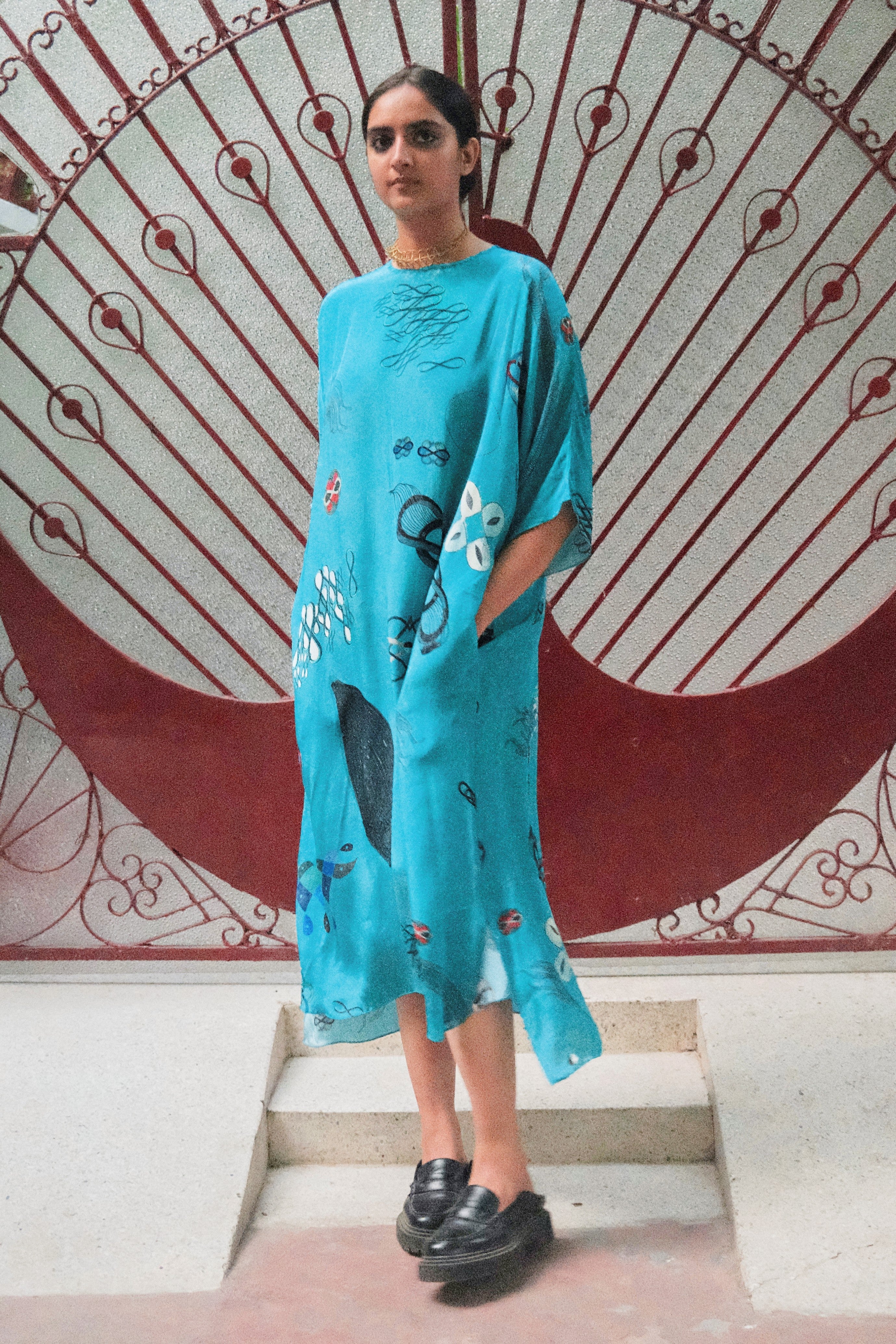 KAFTAAN DRESS IN TURQ FLOAT PRINT