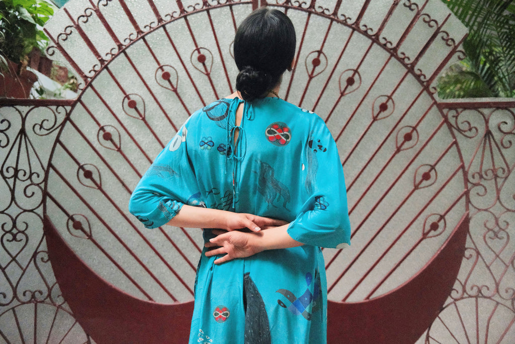 KAFTAAN DRESS IN TURQ FLOAT PRINT