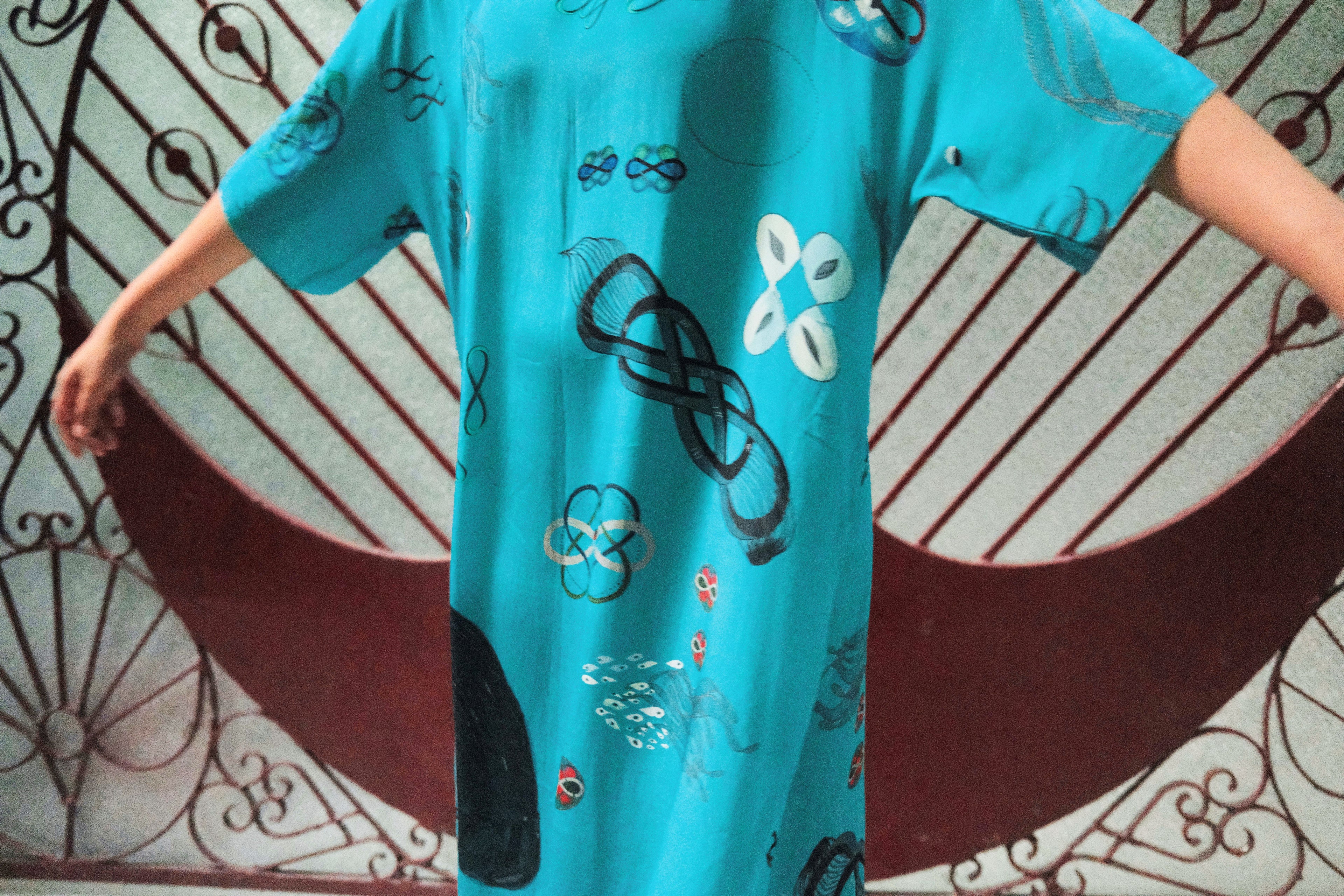 KAFTAAN DRESS IN TURQ FLOAT PRINT