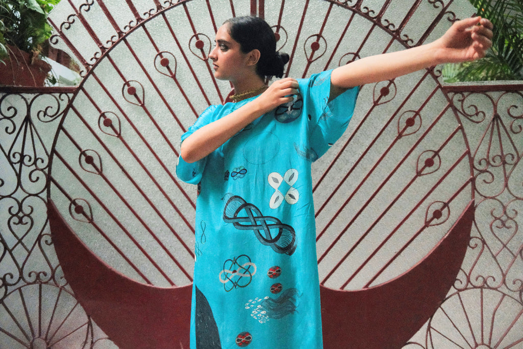 KAFTAAN DRESS IN TURQ FLOAT PRINT