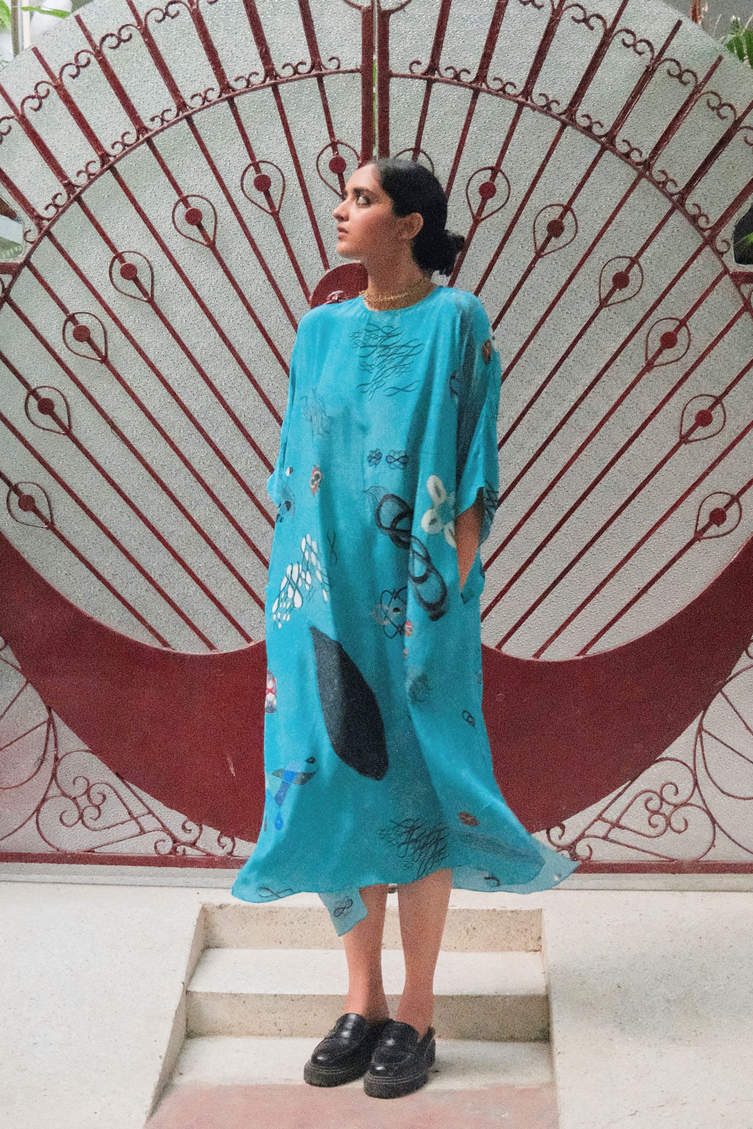 KAFTAAN DRESS IN TURQ FLOAT PRINT