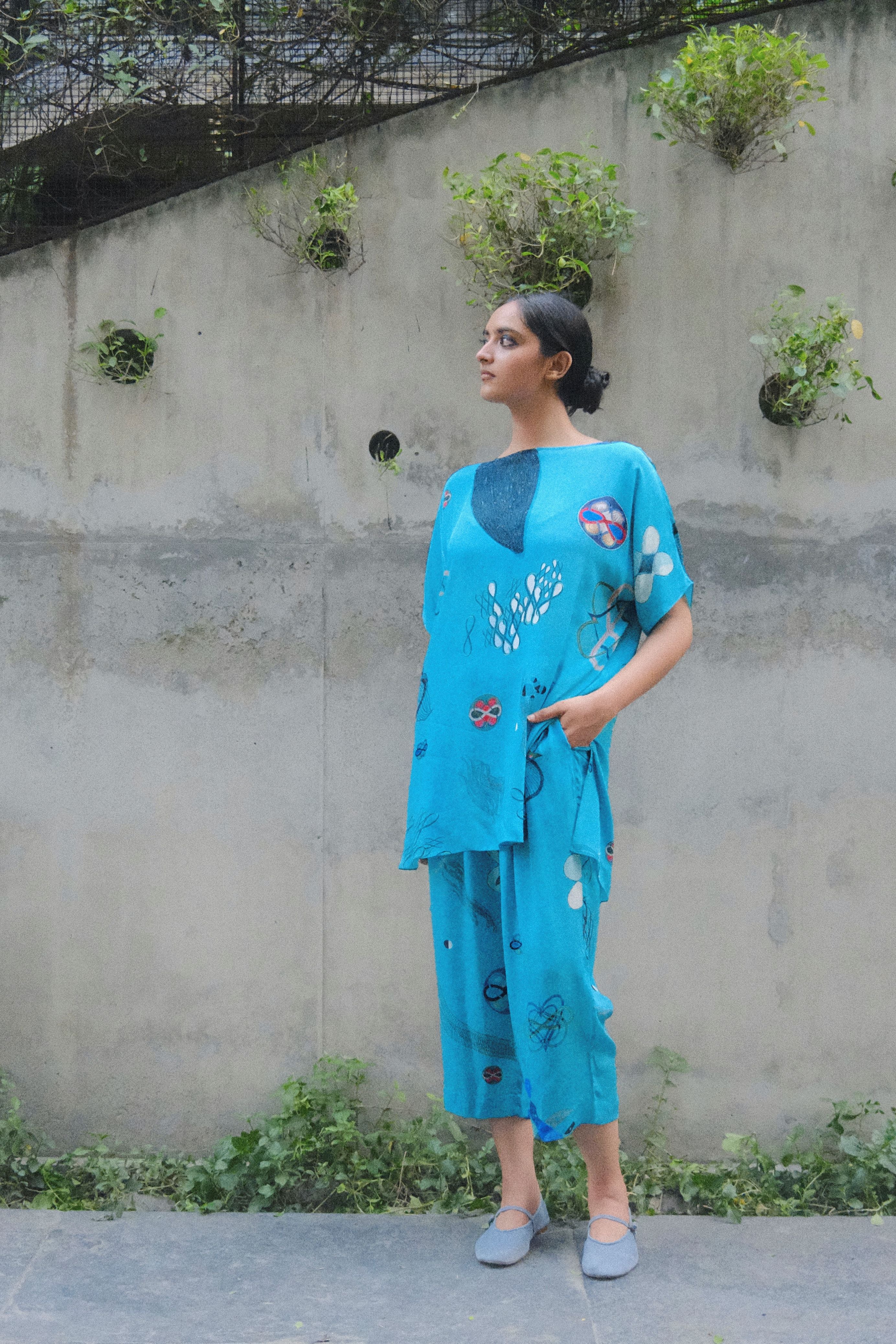 GARDEN CO-ORD SET IN TURQ FLOAT PRINT