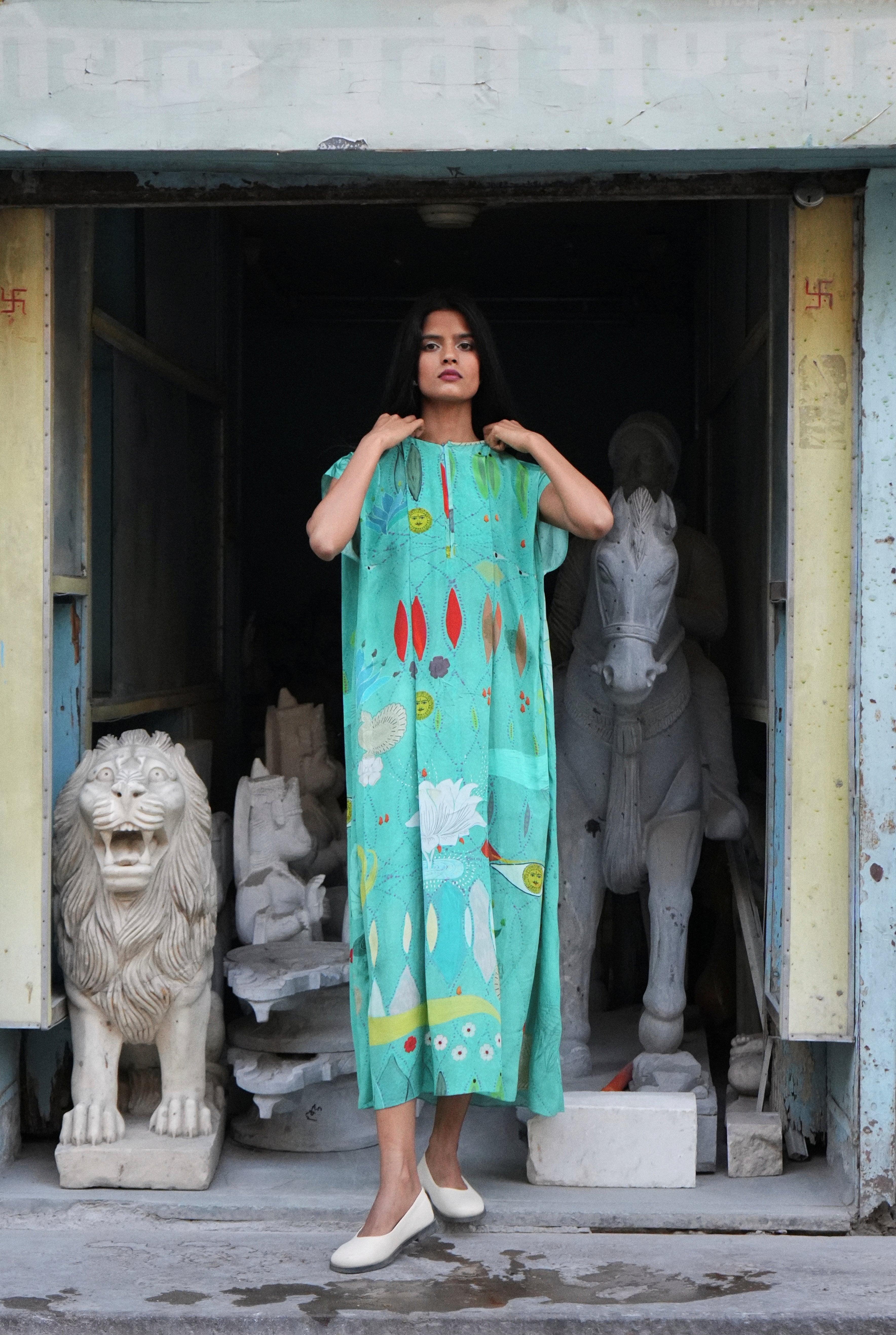 PLEATED CREPE KAFTAAN IN CHETTI GREEN CREPE