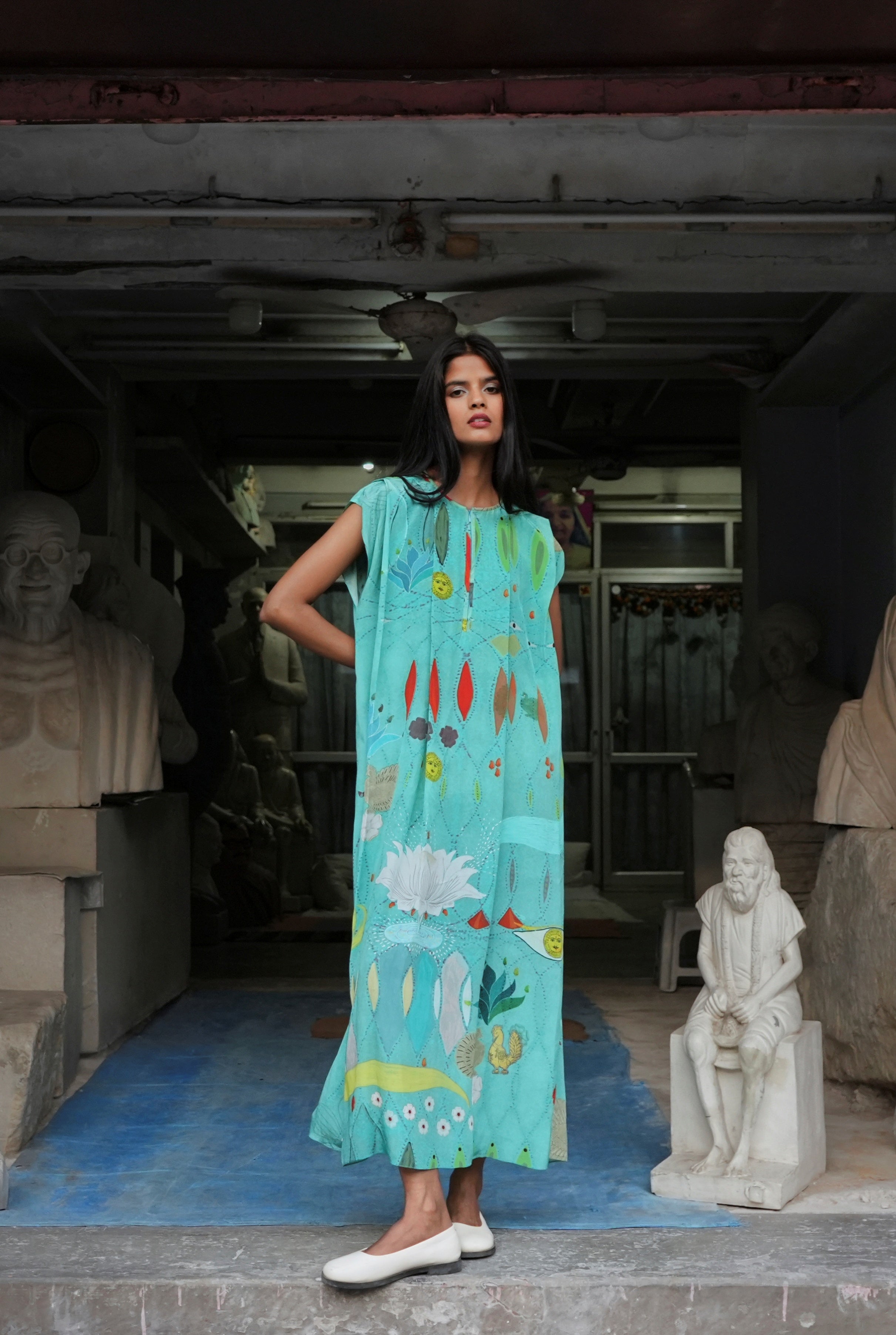 PLEATED CREPE KAFTAAN IN CHETTI GREEN CREPE