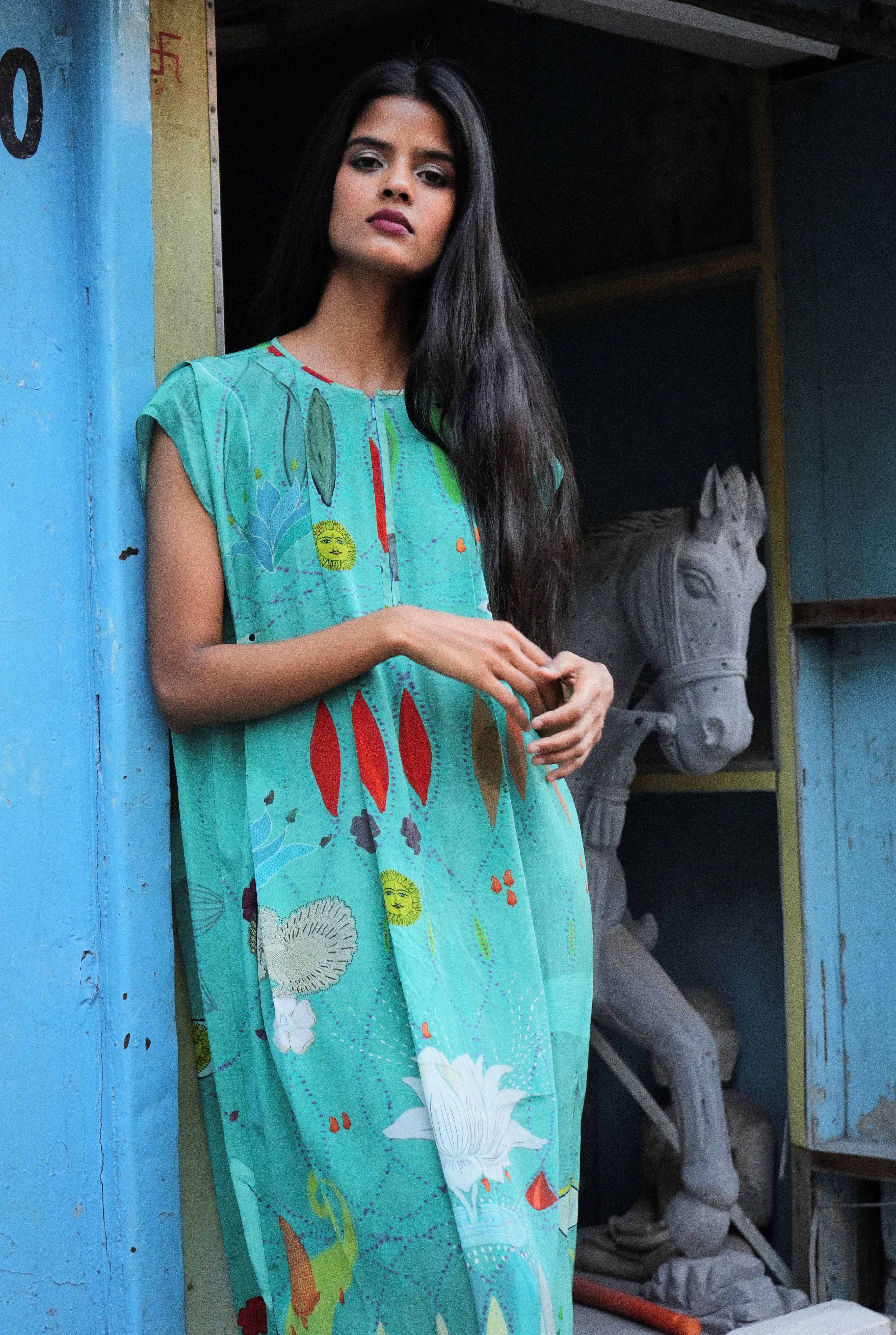 PLEATED CREPE KAFTAAN IN CHETTI GREEN CREPE