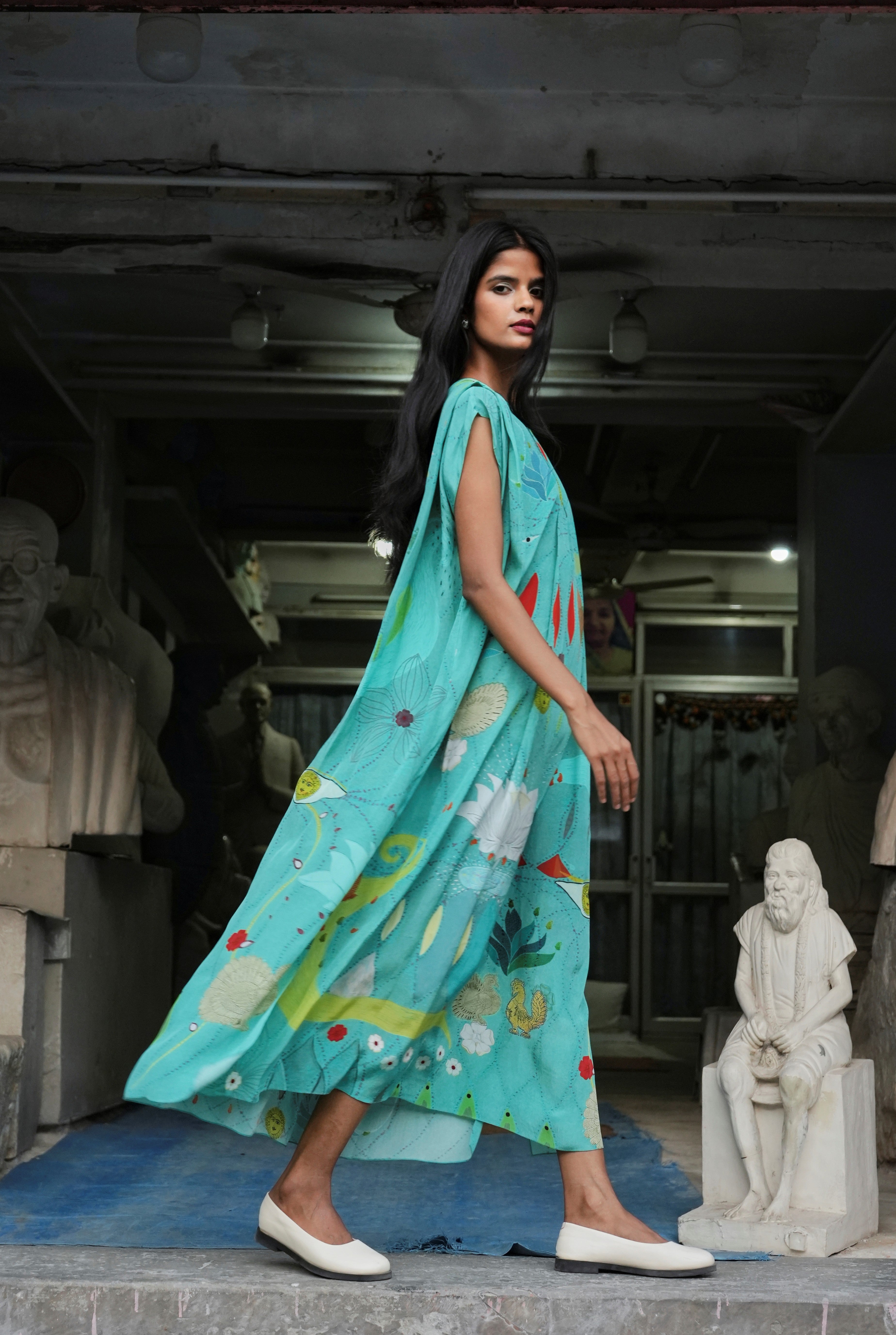 PLEATED CREPE KAFTAAN IN CHETTI GREEN CREPE
