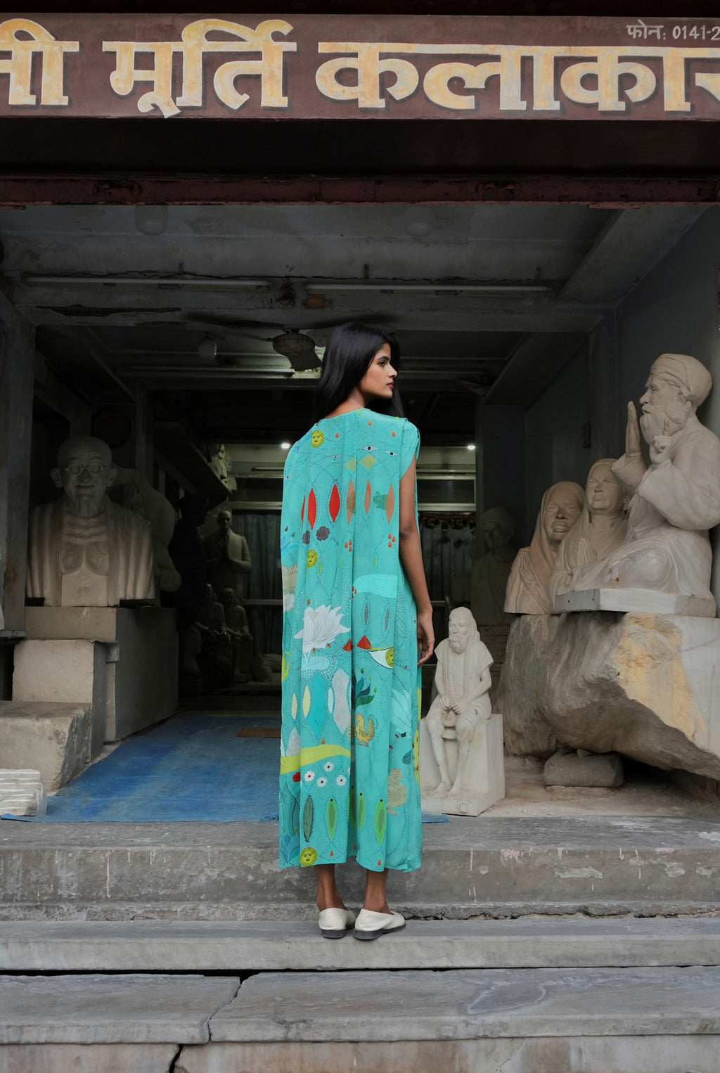 PLEATED CREPE KAFTAAN IN CHETTI GREEN CREPE