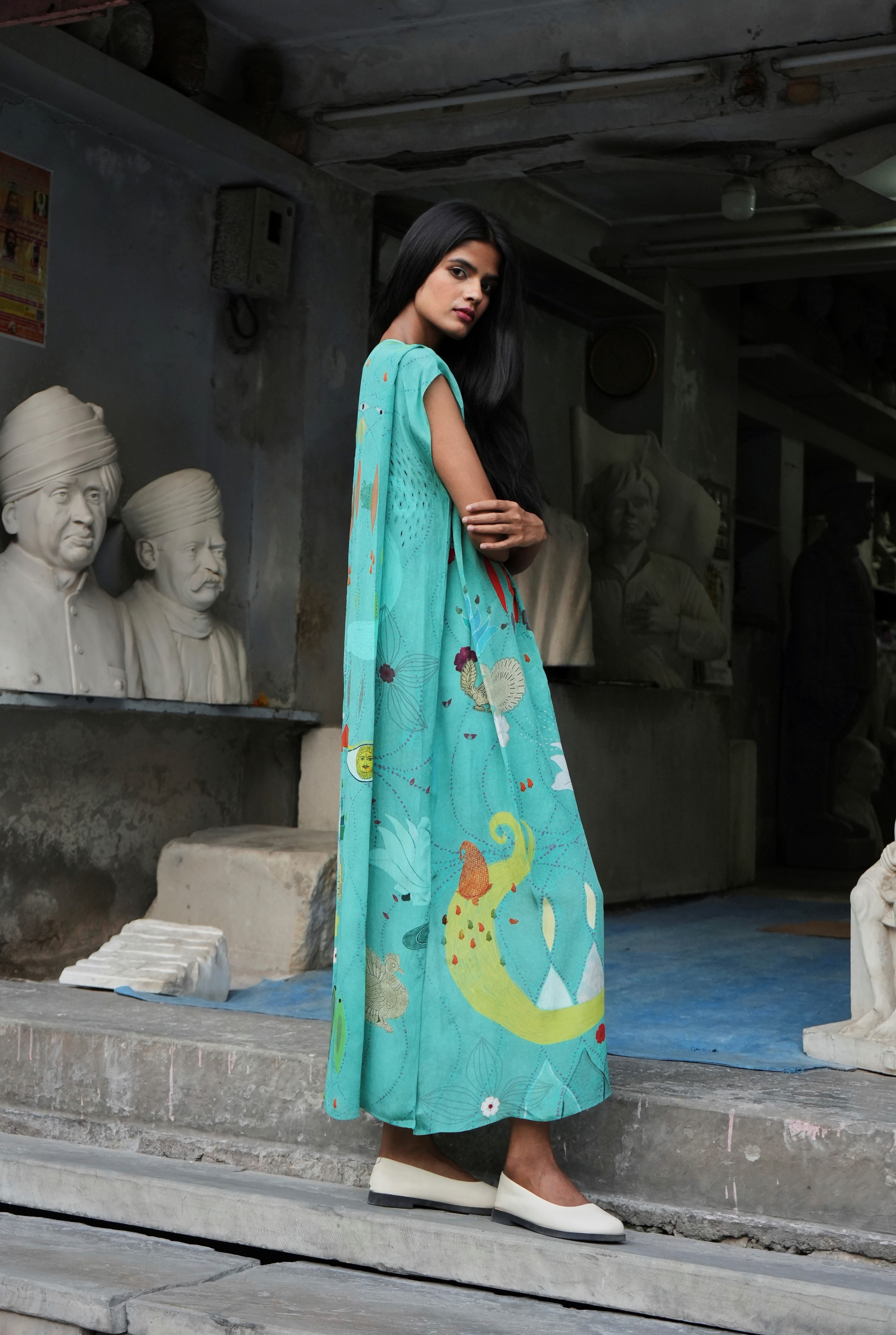 PLEATED CREPE KAFTAAN IN CHETTI GREEN CREPE