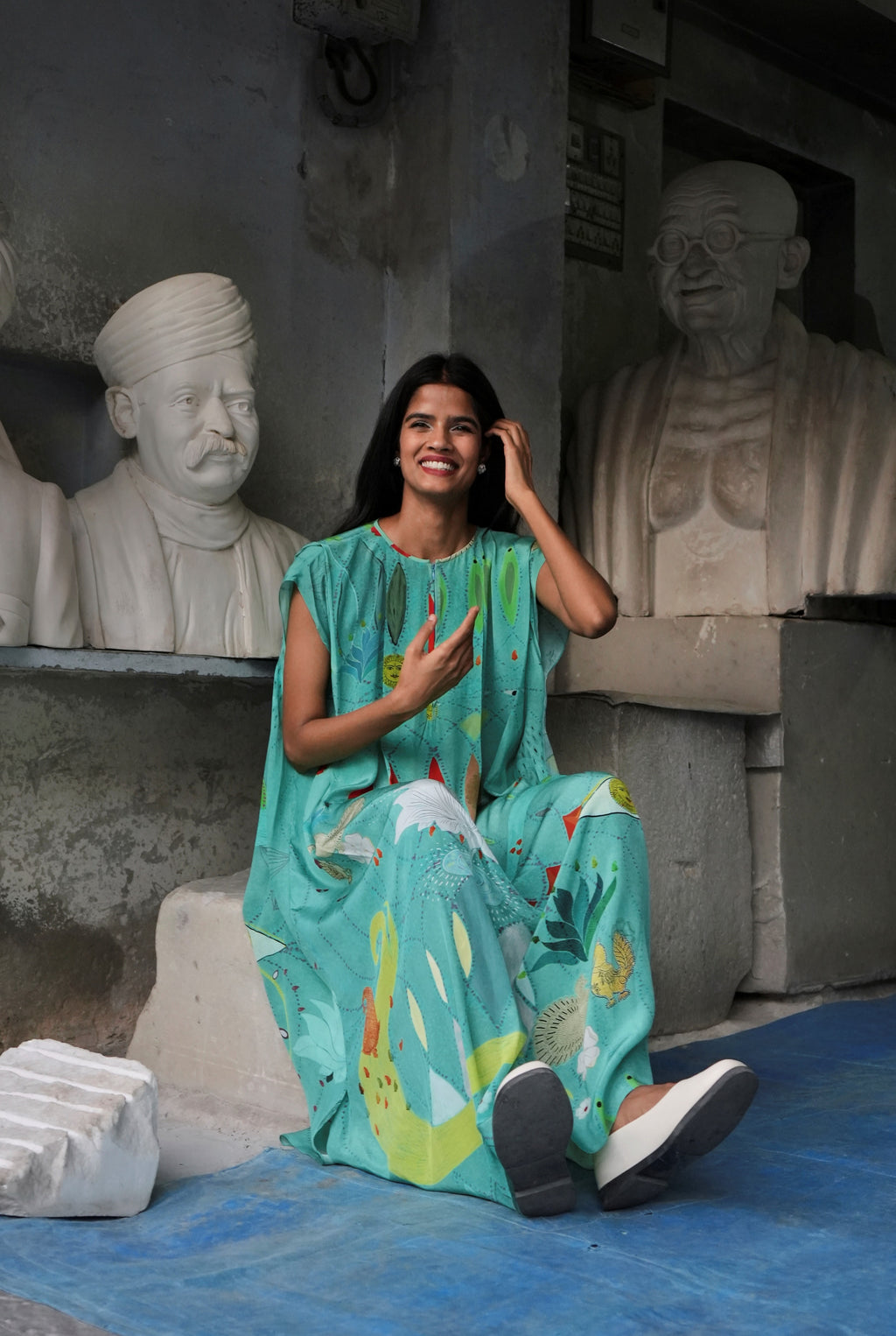 PLEATED CREPE KAFTAAN IN CHETTI GREEN CREPE