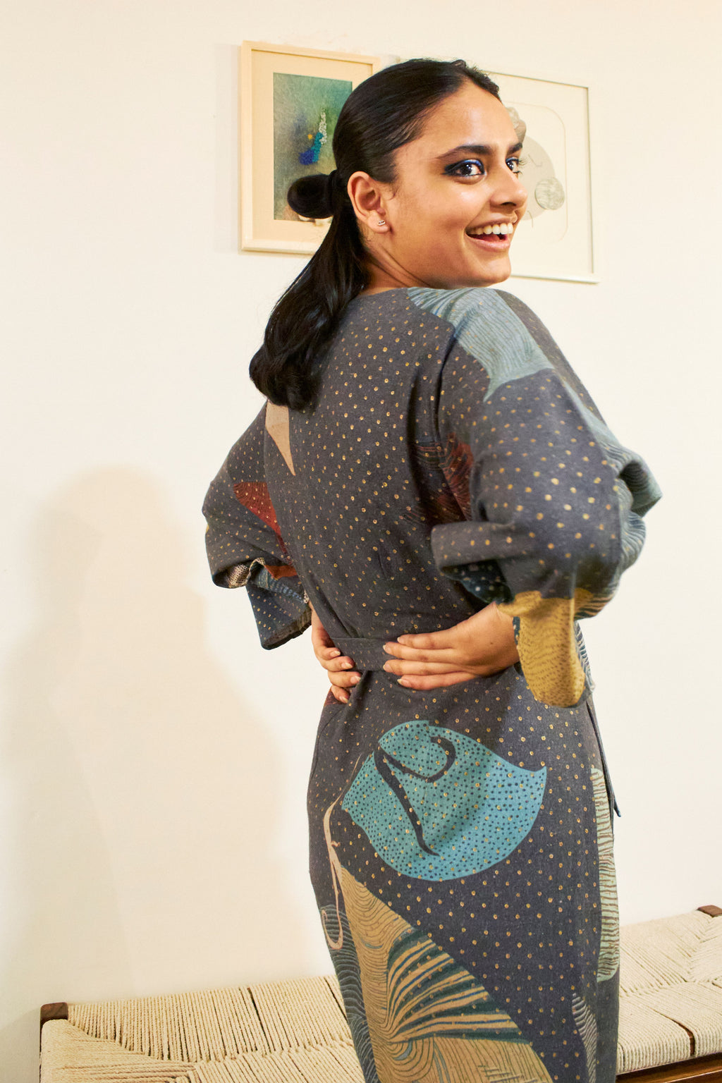 KAZA KIMONO DRESS IN FAITH CHARCOAL PRINT