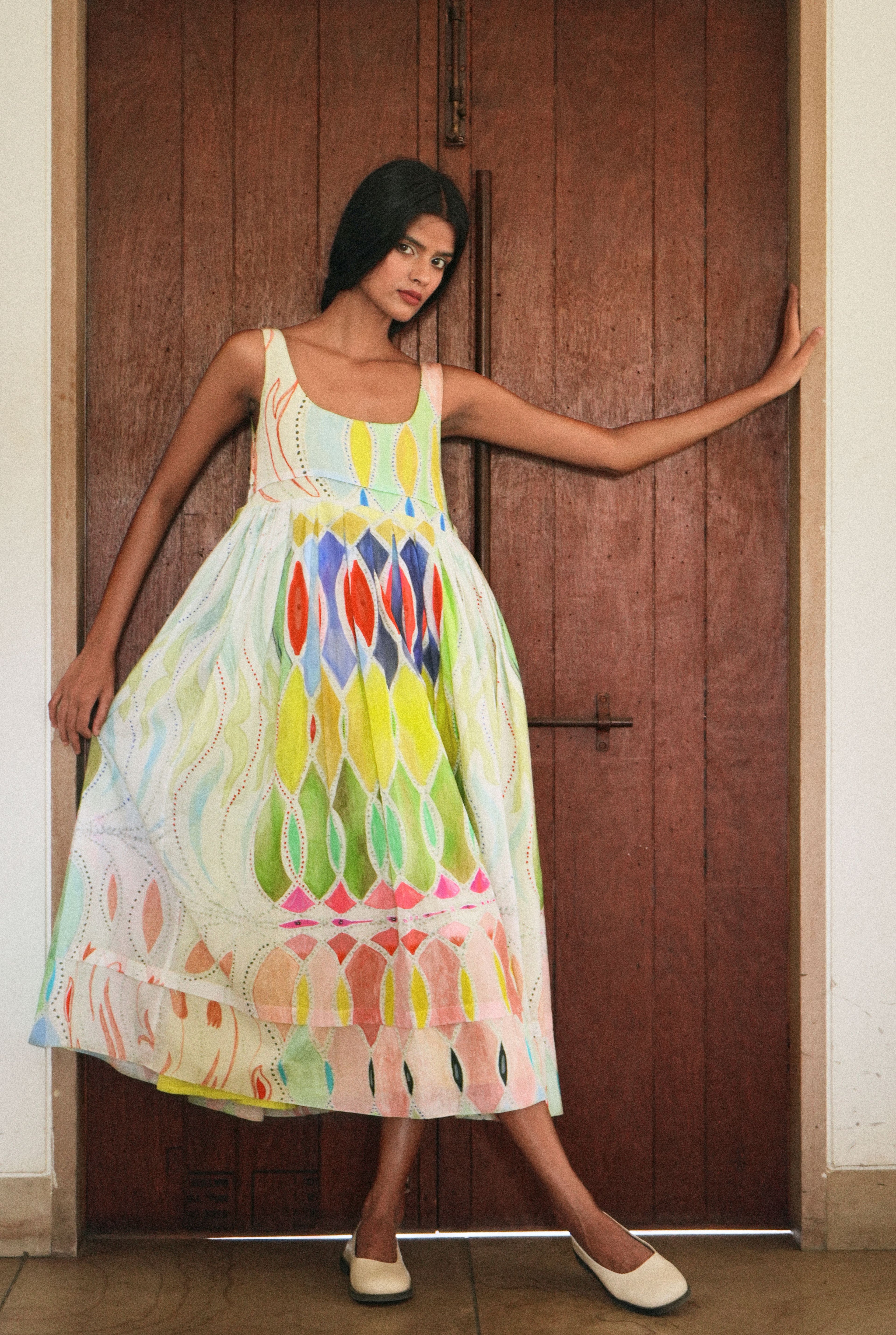 MULMUL BALLET DRESS IN ATHANGUDI PASTEL PRINT